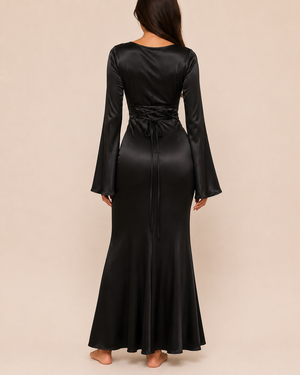 Valtré | Women's Long-Sleeve Satin Slip Dress with Lace-Up Back